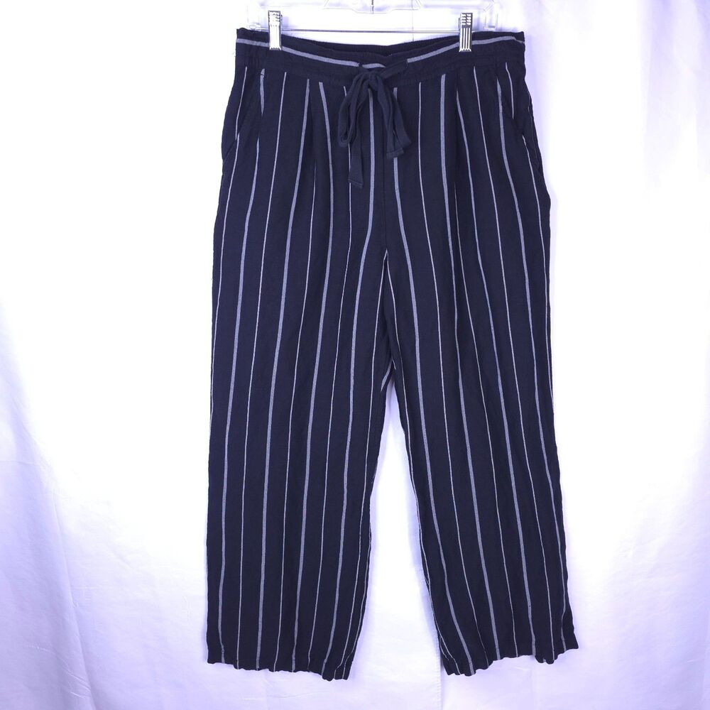 a new day Black Striped Linen Blend Wide Leg Tapered Ankle Pull On Pant L Beach